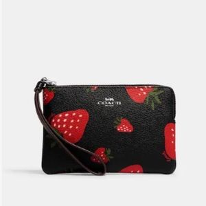 Coach Corner Zip Wristlet With Wild Strawberry Print